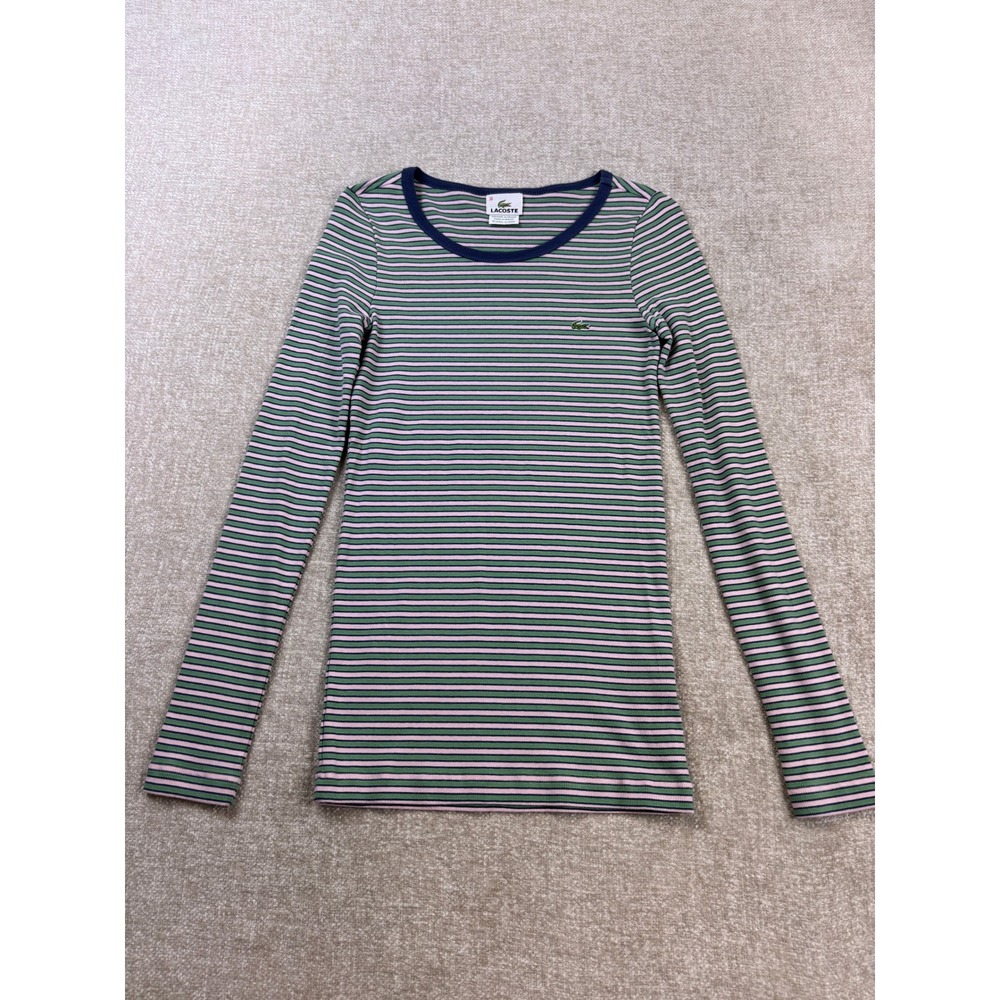 Lacoste Womens Pink Green Striped Ribbed Long Sleeve Top Size 36 Small